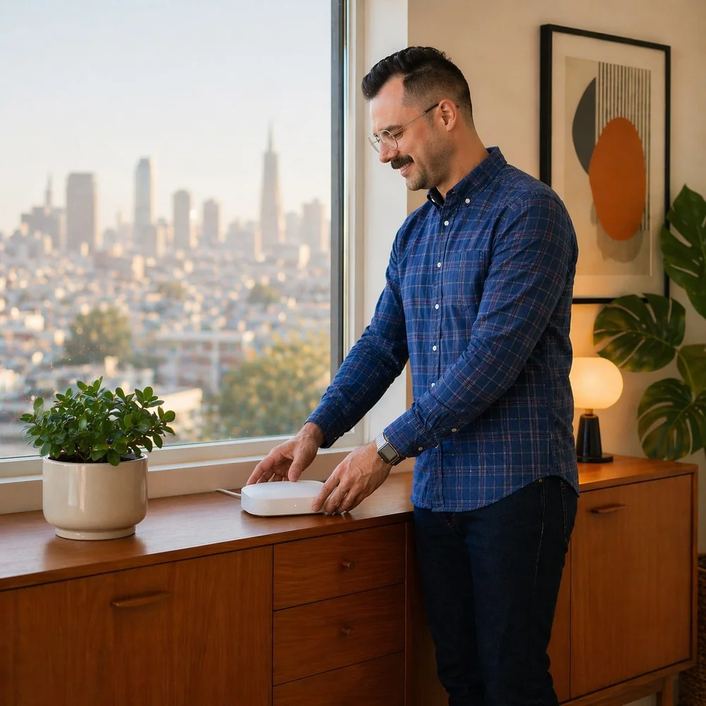 Jimmy placing a white Wi-Fi router by a window overlooking San Francisco