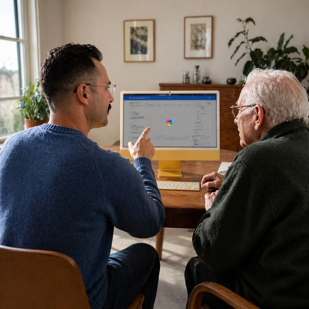 Jimmy pointing to an iMac screen while helping a client at a table