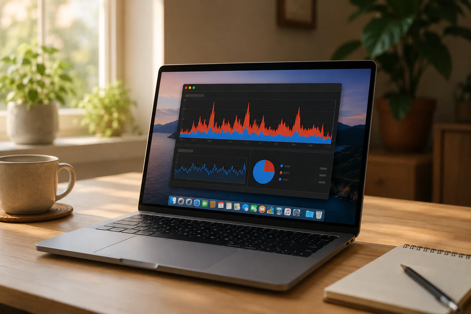 A MacBook displaying performance charts on a desk